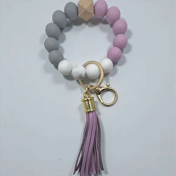 Beaded Silicone Keychain Bracelet Wristlet Purple Gray Marble with Tassel - Picture 3 of 3